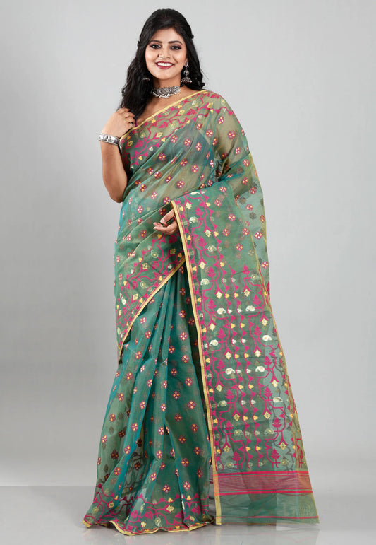 Cross Green Dhakai Jamdani Cotton Saree without Blouse Piece
