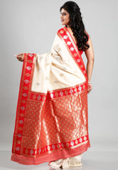 Offwhite with Red Border Kanjivaram Silk Saree With Blouse Piece