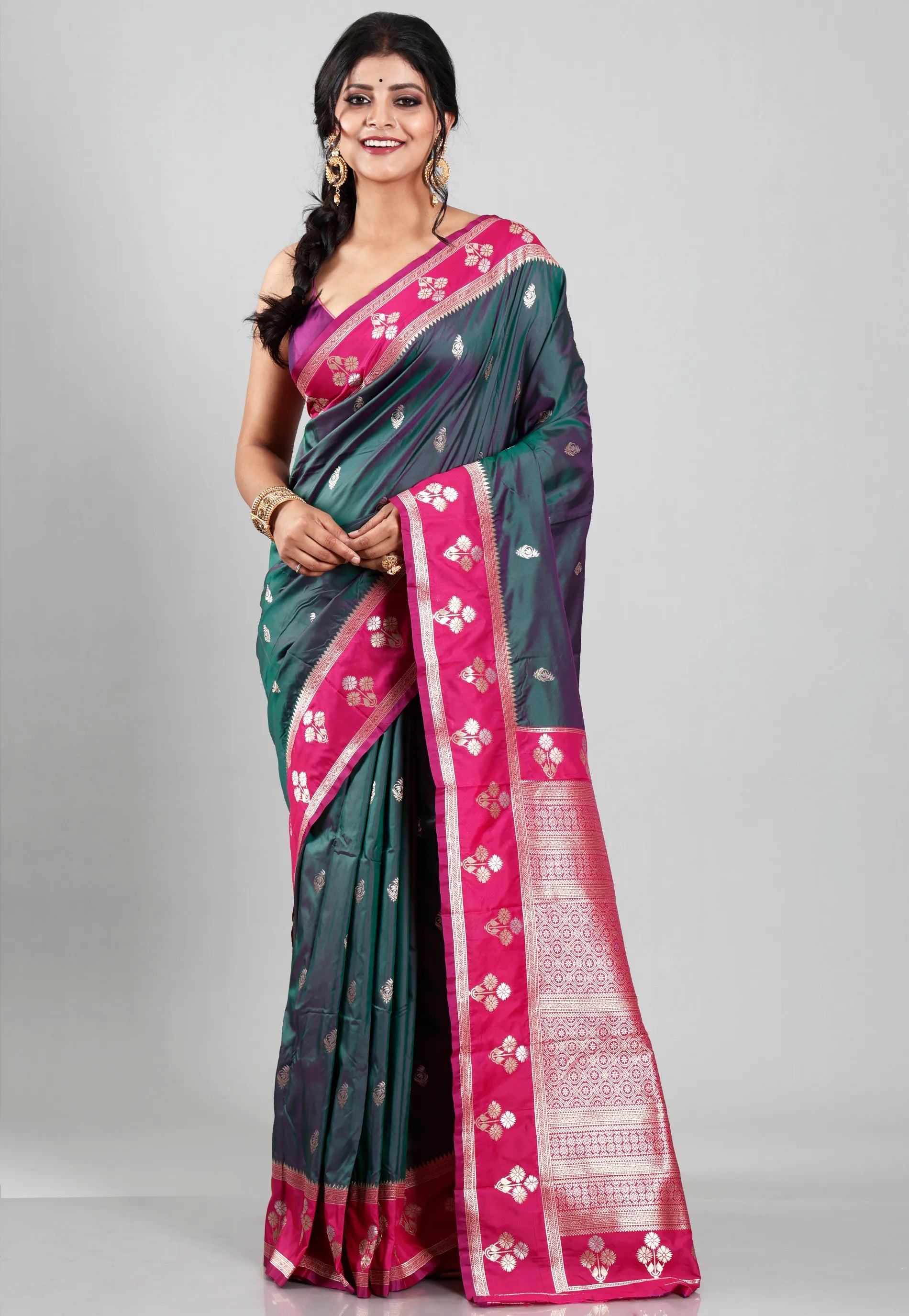 Cross Green with Rani Border Kanjivaram Silk Saree With Blouse Piece