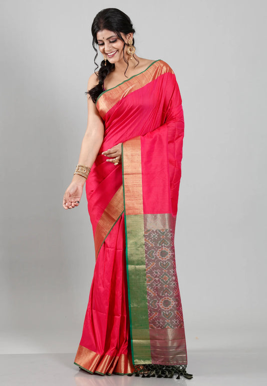 Rani Pink Ikkat Silk Saree With Blouse Piece