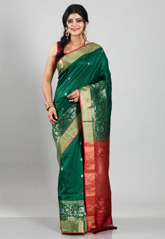 Bottle Green Tussar Silk Saree with Blouse Piece