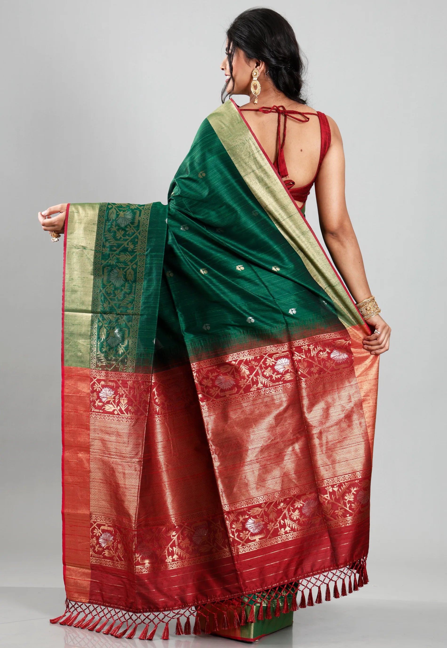 Bottle Green Tussar Silk Saree with Blouse Piece