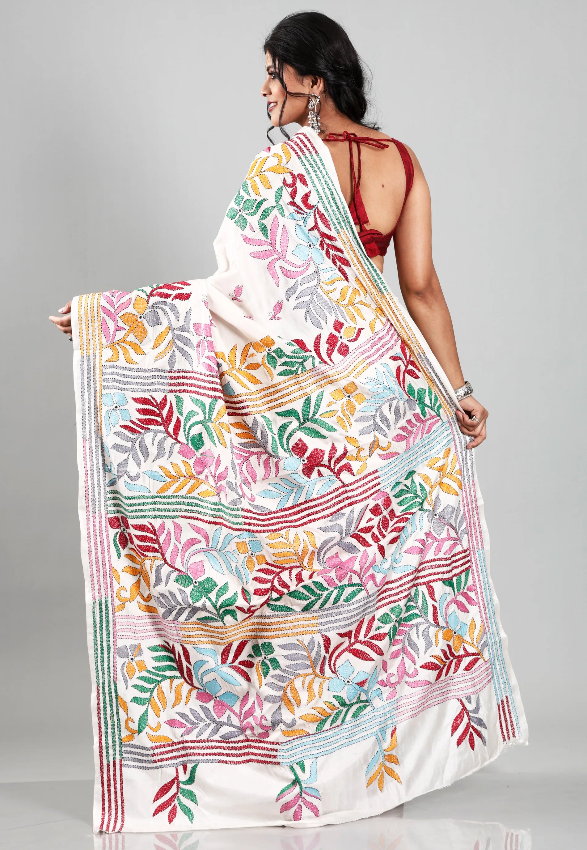 Off White Colour Blended Silk Kantha Saree With Blouse Piece
