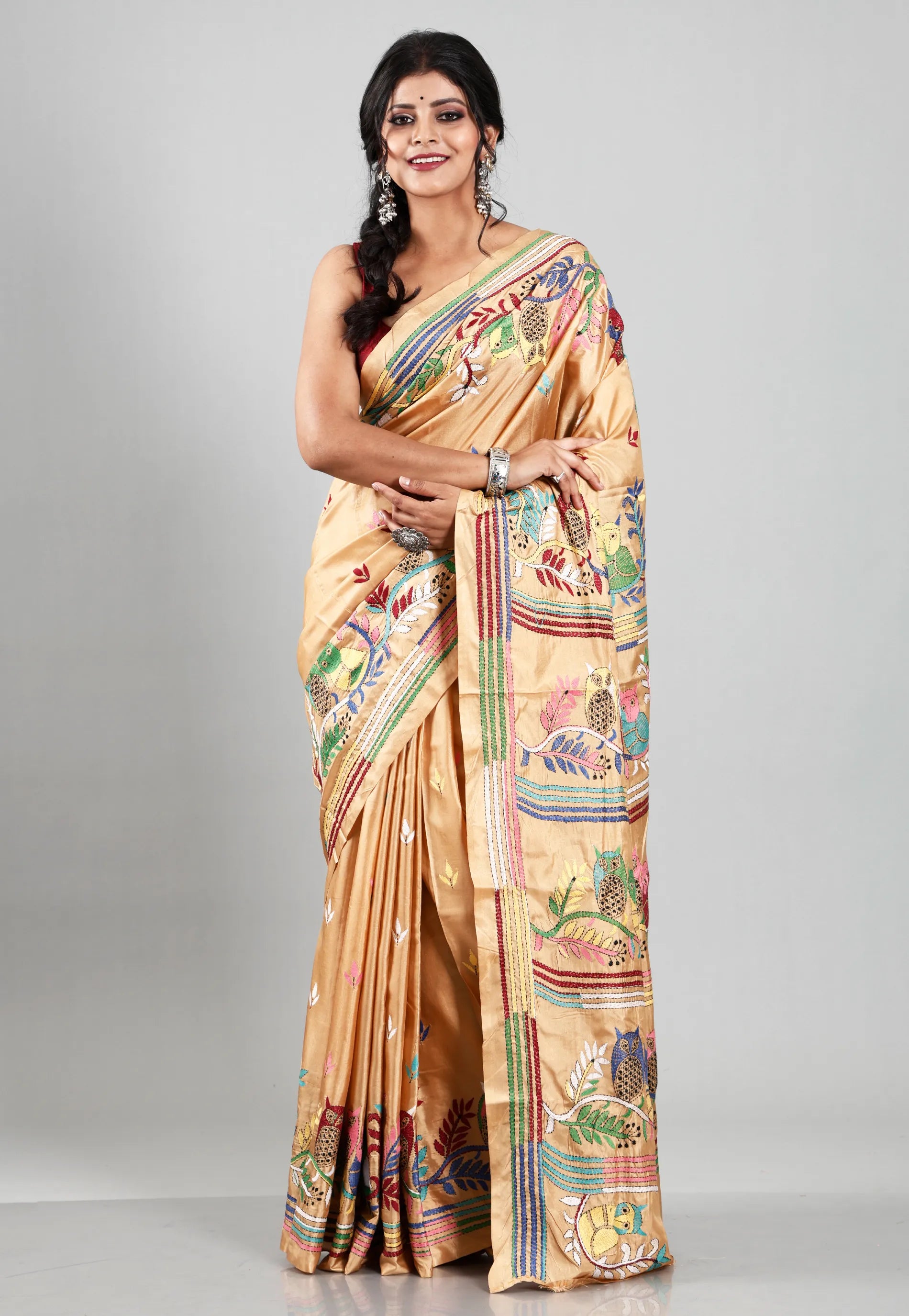 Tussar Colour Blended Silk Kantha Saree With Blouse Piece