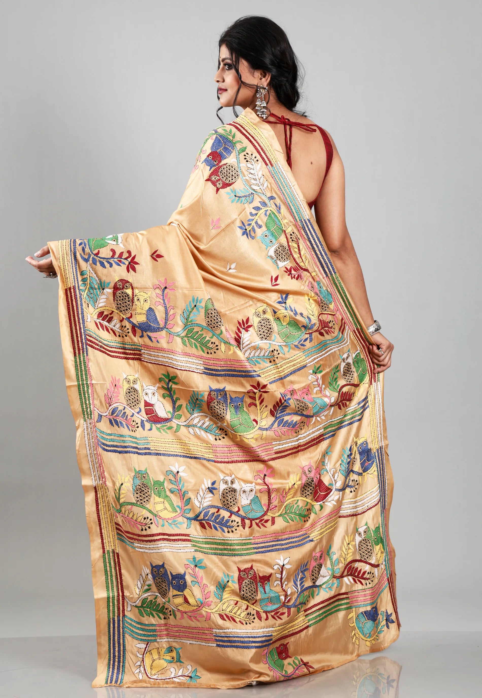 Tussar Colour Blended Silk Kantha Saree With Blouse Piece