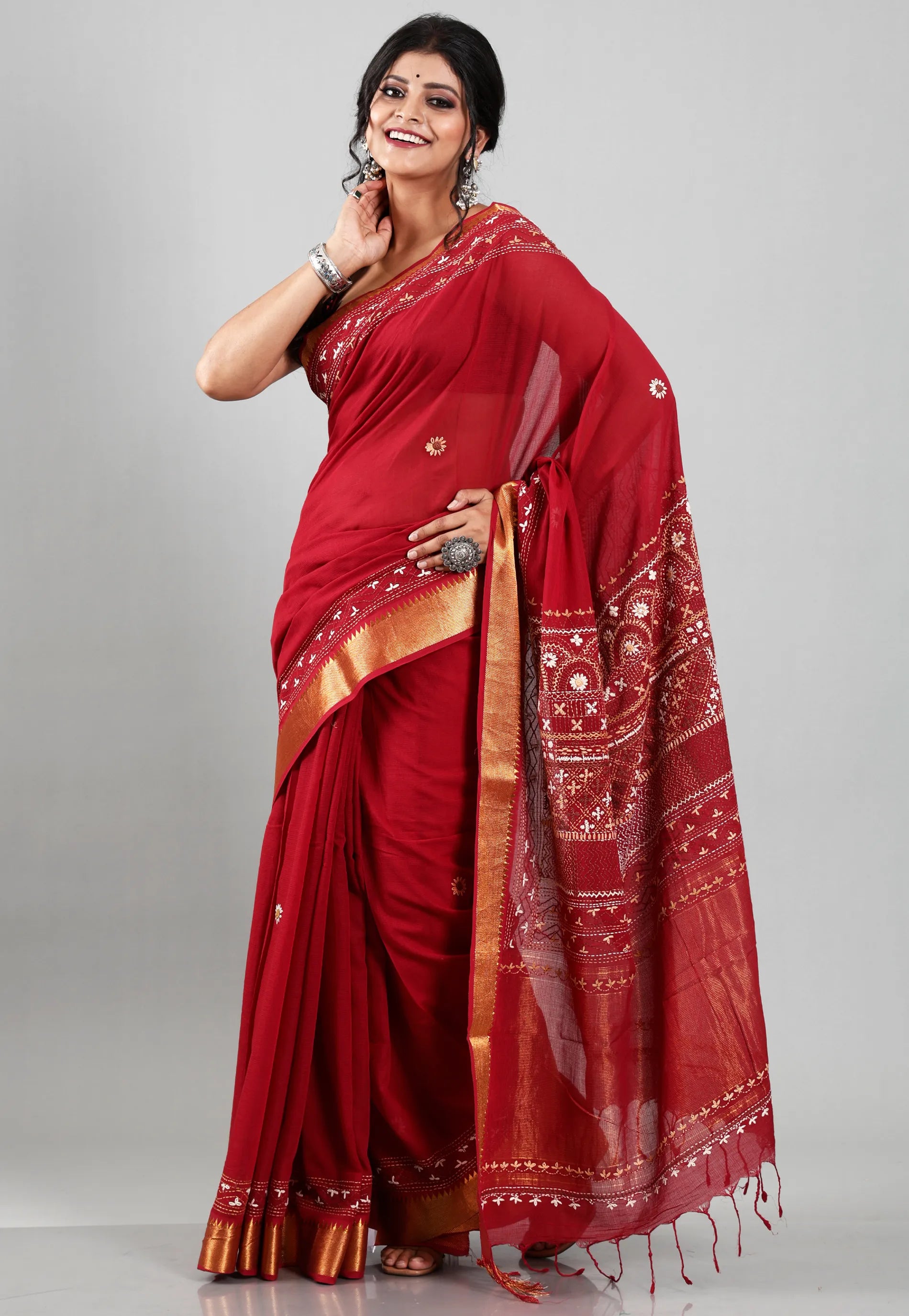 Maroon Colour Mangalagiri Cotton Kantha Saree With Blouse Piece