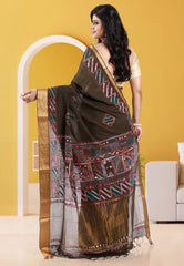 Deep pesta Green Mangalagiri Cotton Kantha Saree With Blouse Piece