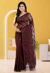 Brown Dhakai Jamdani Cotton Saree without Blouse Piece