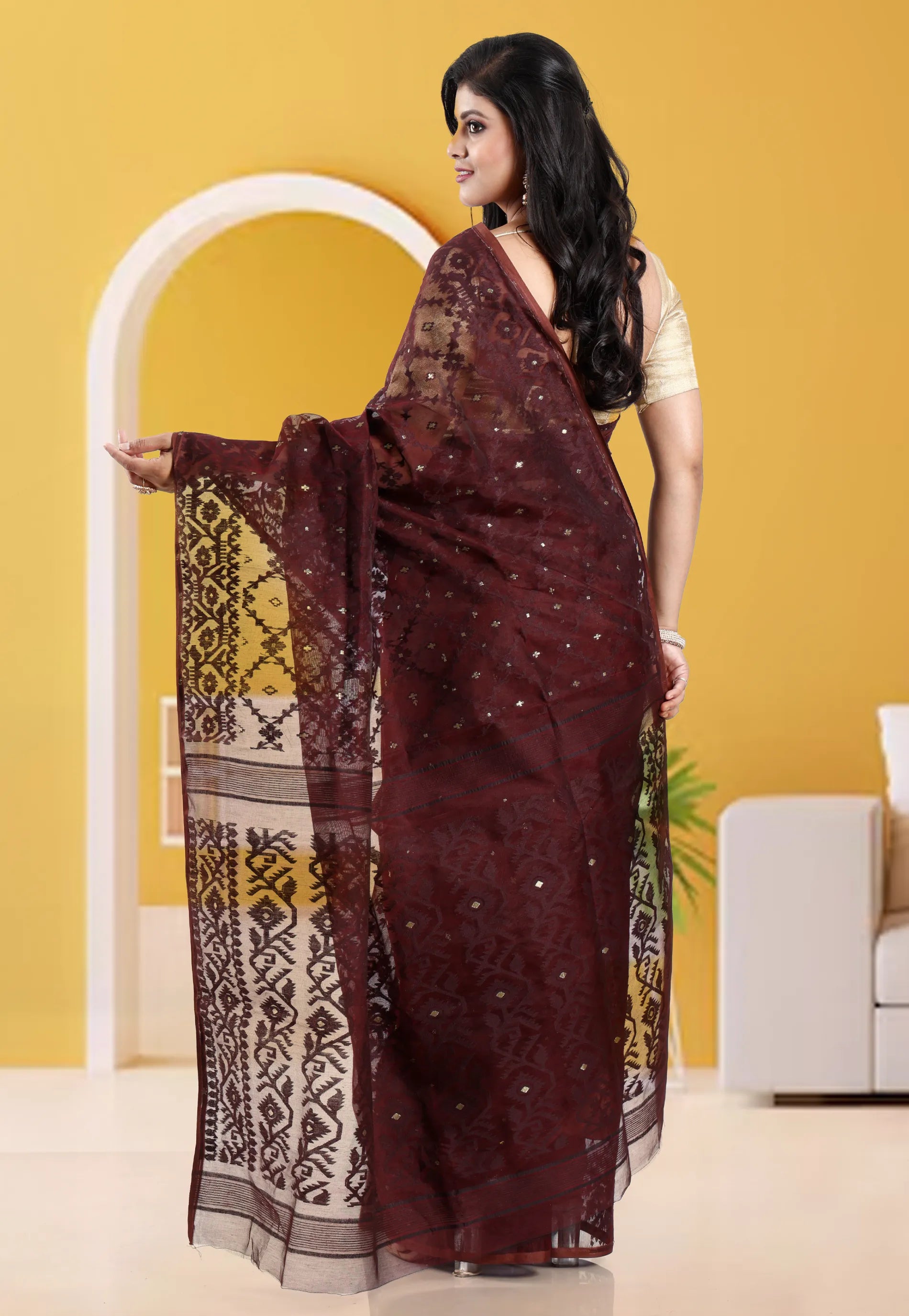 Brown Dhakai Jamdani Cotton Saree without Blouse Piece
