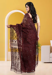 Brown Dhakai Jamdani Cotton Saree without Blouse Piece
