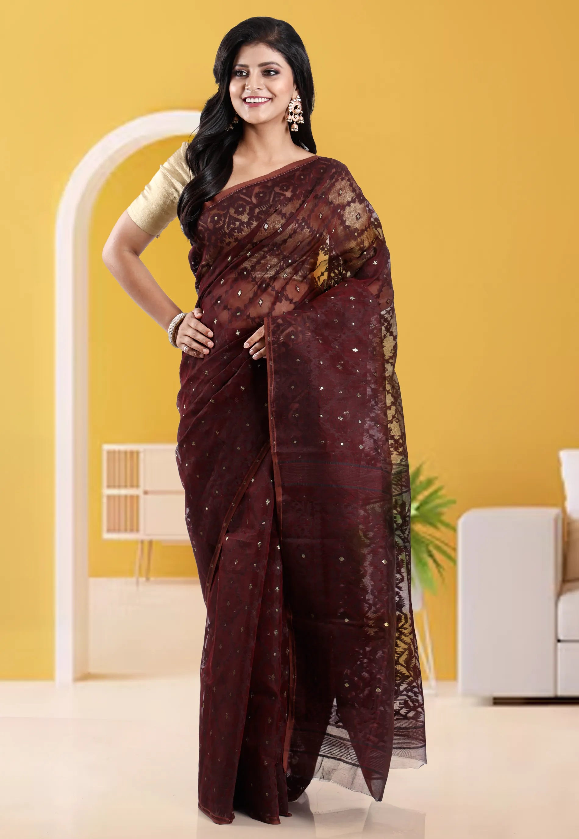 Brown Dhakai Jamdani Cotton Saree without Blouse Piece