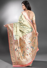 Green Tissue Paithani Silk Saree With Blouse Piece