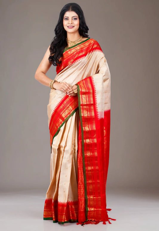 Beige with Red Border Gadwal Pure Silk Saree With Blouse Piece