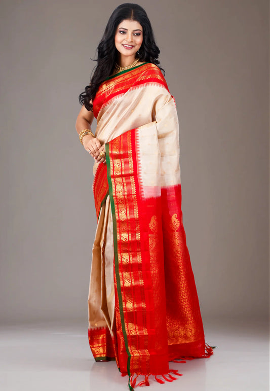 Beige with Red Border Gadwal Pure Silk Saree With Blouse Piece