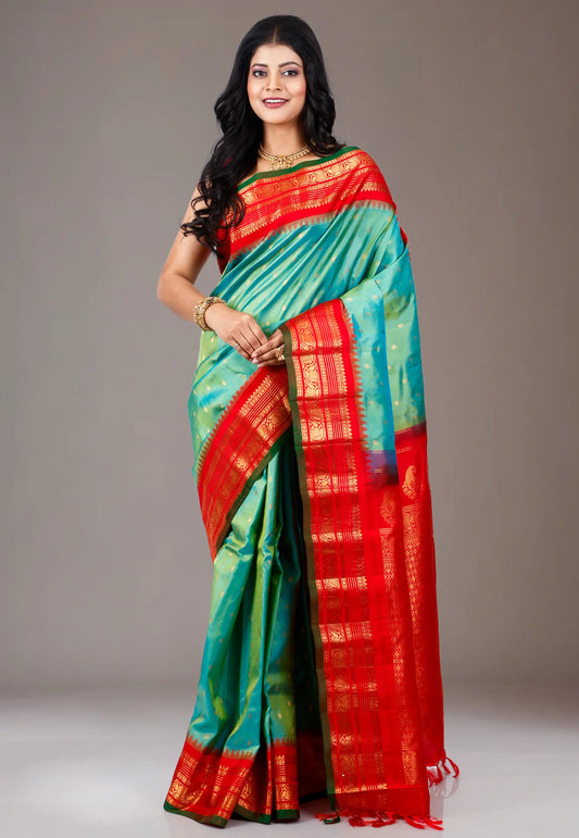 Rama Green with Red Border Gadwal Pure Silk Saree With Blouse Piece