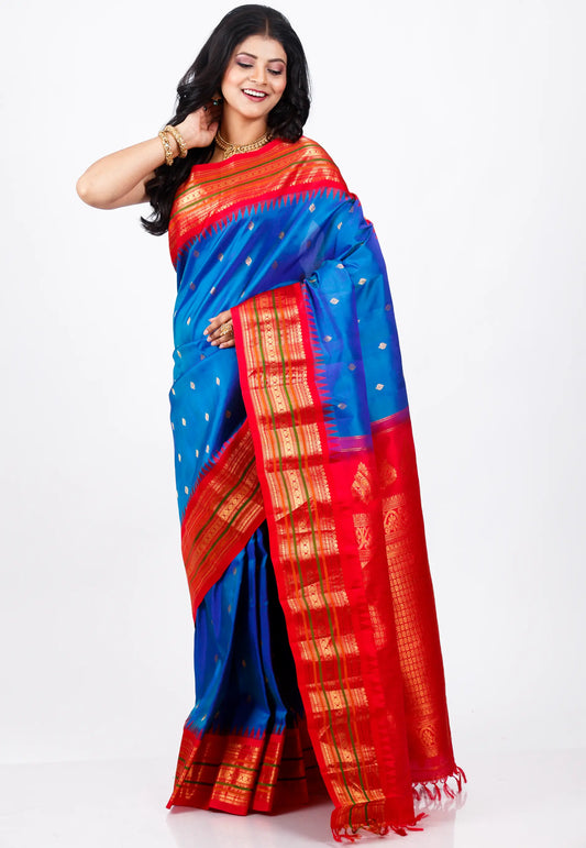 Royal Blue with Red Border Gadwal Pure Silk Saree With Blouse Piece