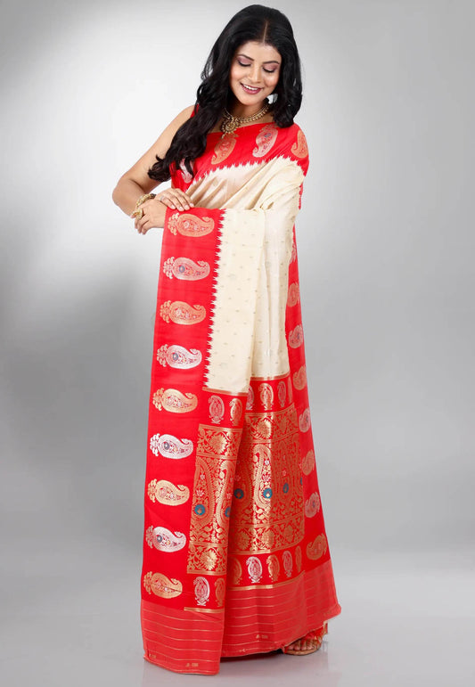 Beige with Red Border Katan Silk Saree With Blouse Piece - Adi Akshoy & Co.