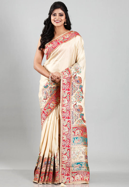 Beige Kani Silk Saree With Blouse Piece