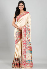Beige Kani Silk Saree With Blouse Piece