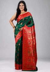 Bottle Green with Red Border Baluchari Silk Saree with Blouse Piece - Adi Akshoy & Co.