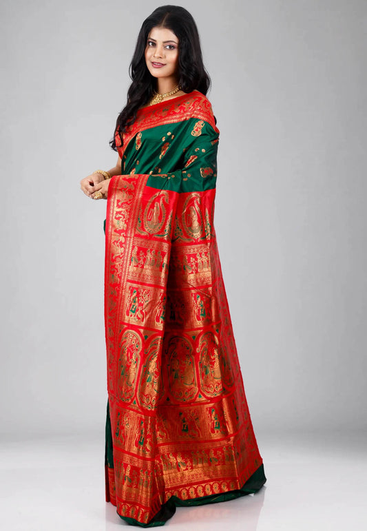 Bottle Green with Red Border Baluchari Silk Saree with Blouse Piece - Adi Akshoy & Co.