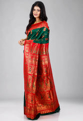 Bottle Green with Red Border Baluchari Silk Saree with Blouse Piece - Adi Akshoy & Co.