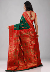 Bottle Green with Red Border Baluchari Silk Saree with Blouse Piece - Adi Akshoy & Co.