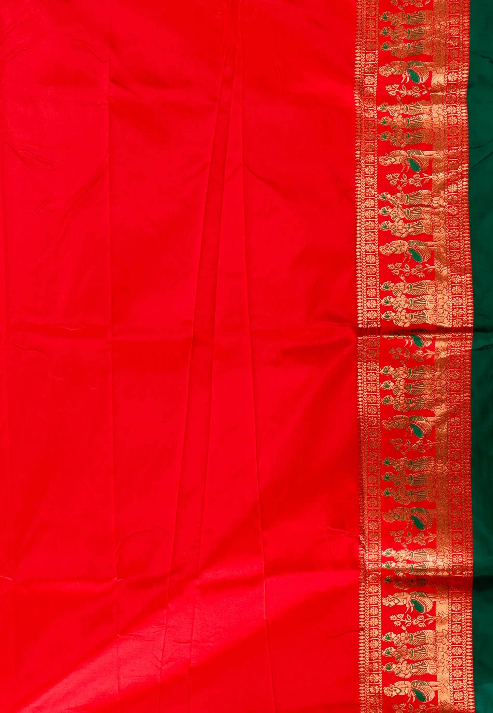 Bottle Green with Red Border Baluchari Silk Saree with Blouse Piece - Adi Akshoy & Co.