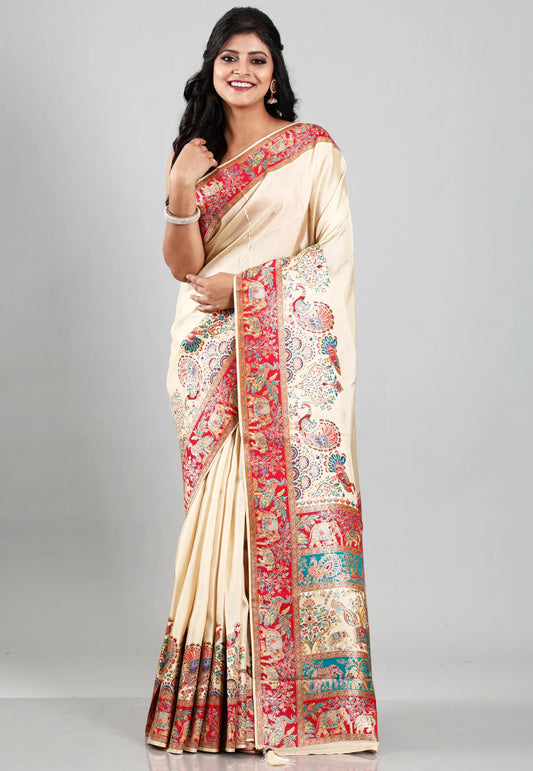 Beige Kani Silk Saree With Blouse Piece
