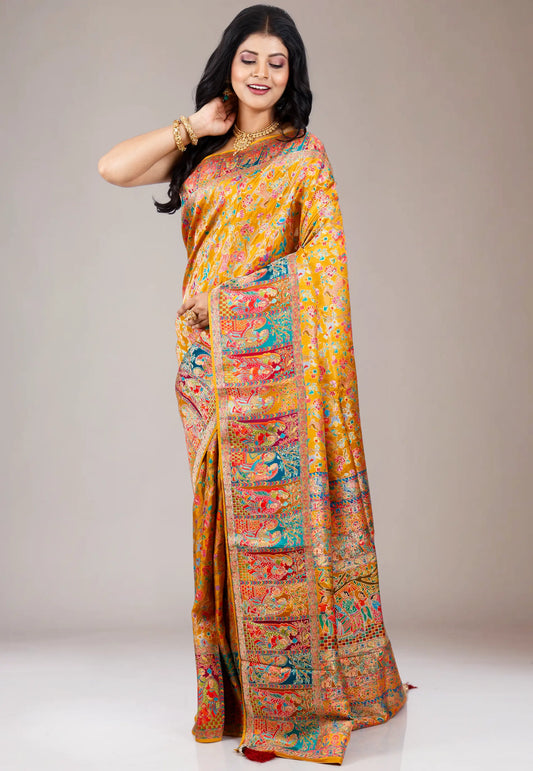 Mustard Kani Silk Saree With Blouse Piece