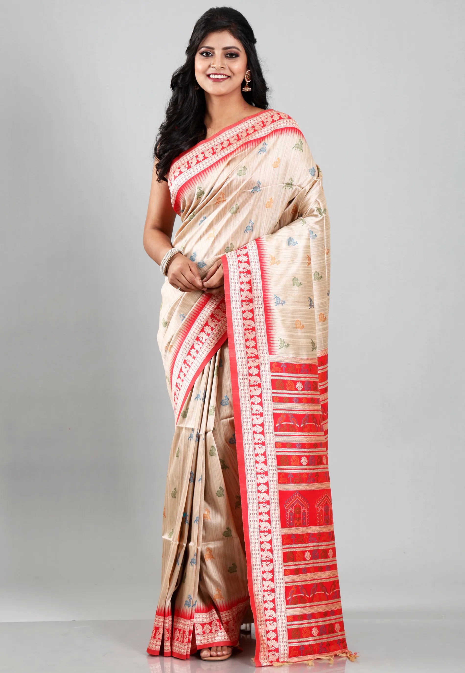 Tussar Colour Silk with Red Border Tussar with Blouse Piece