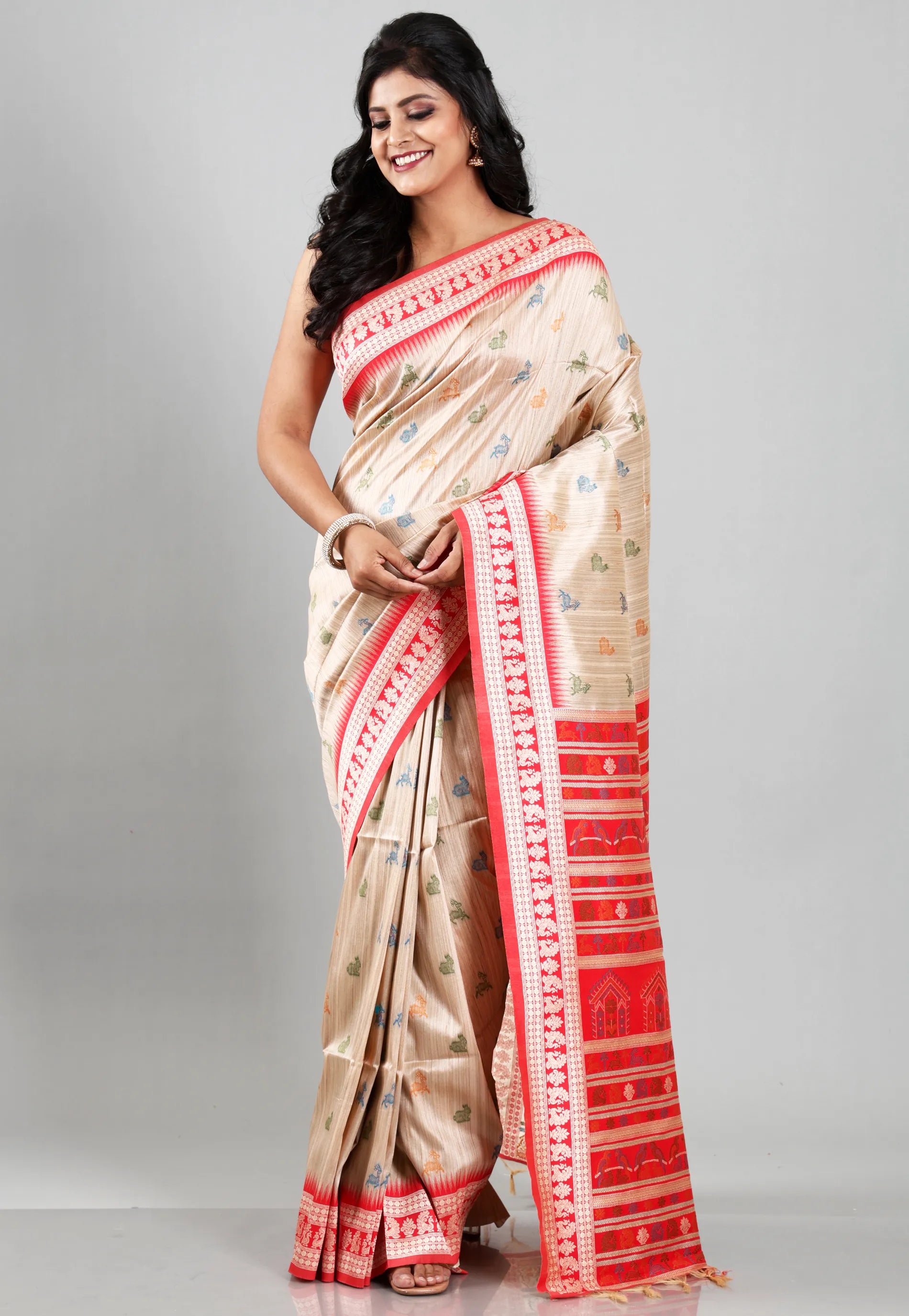 Tussar Colour Silk with Red Border Tussar with Blouse Piece