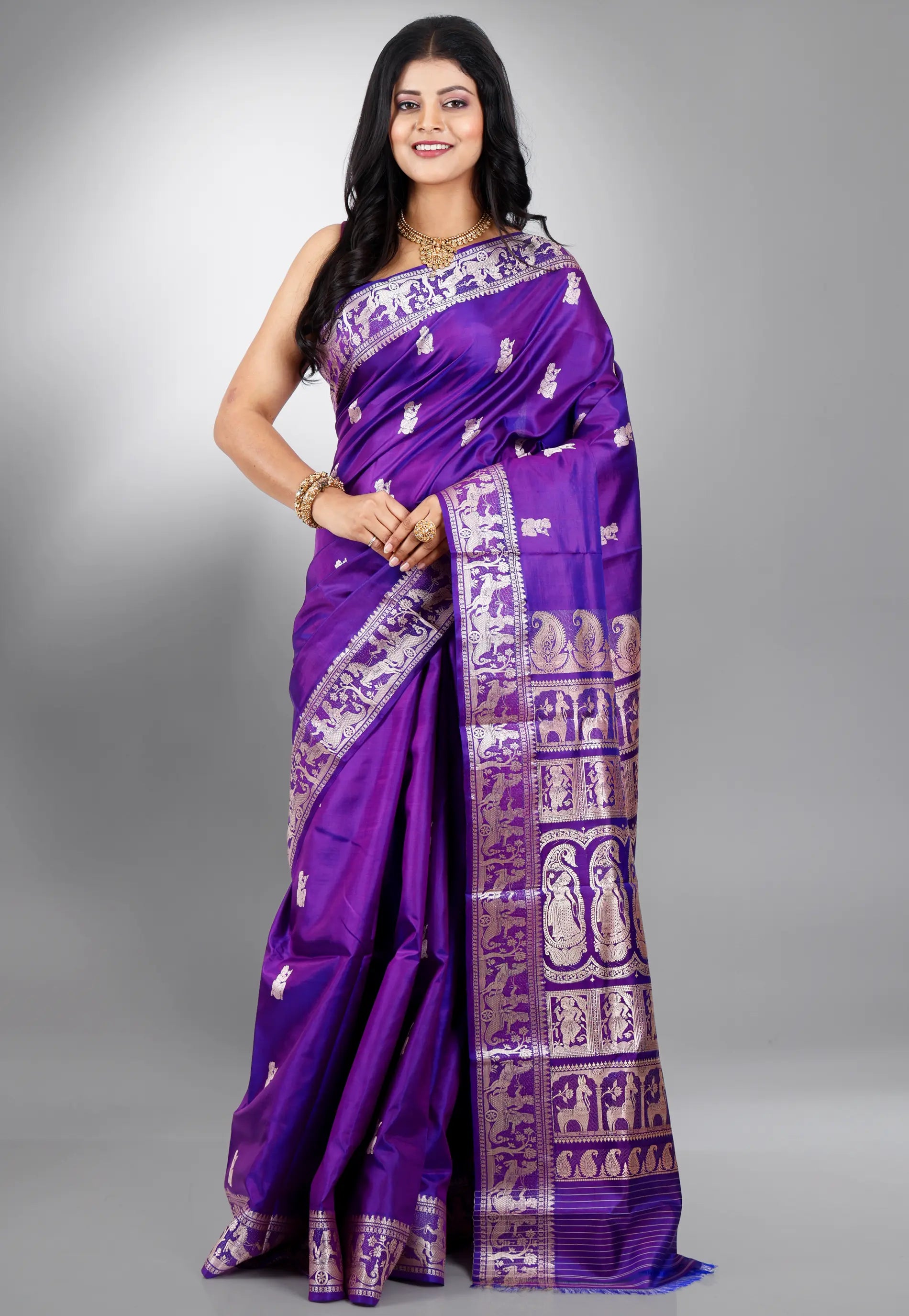 Purple Baluchari Pure Silk Saree with Blouse Piece