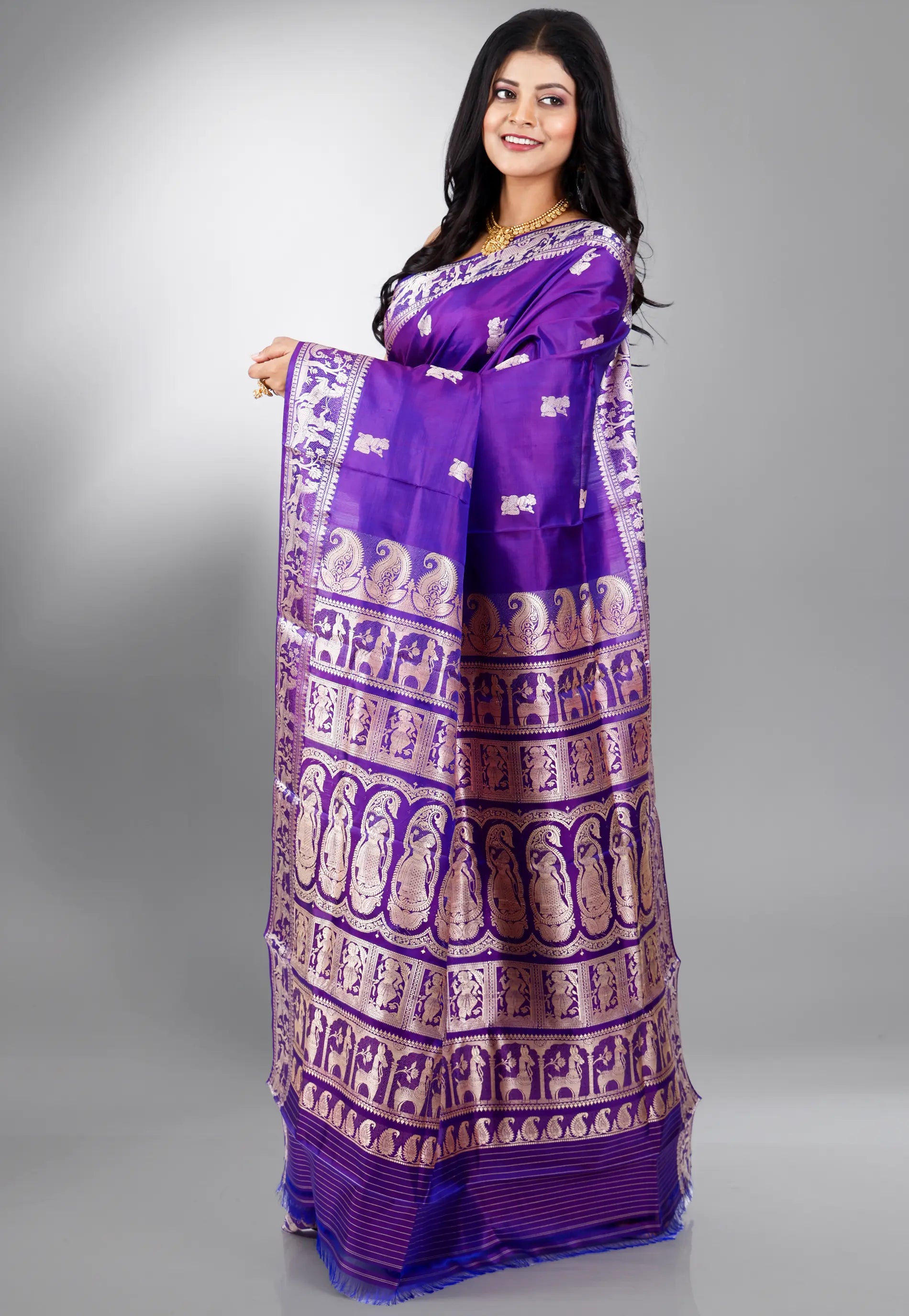 Purple Baluchari Pure Silk Saree with Blouse Piece