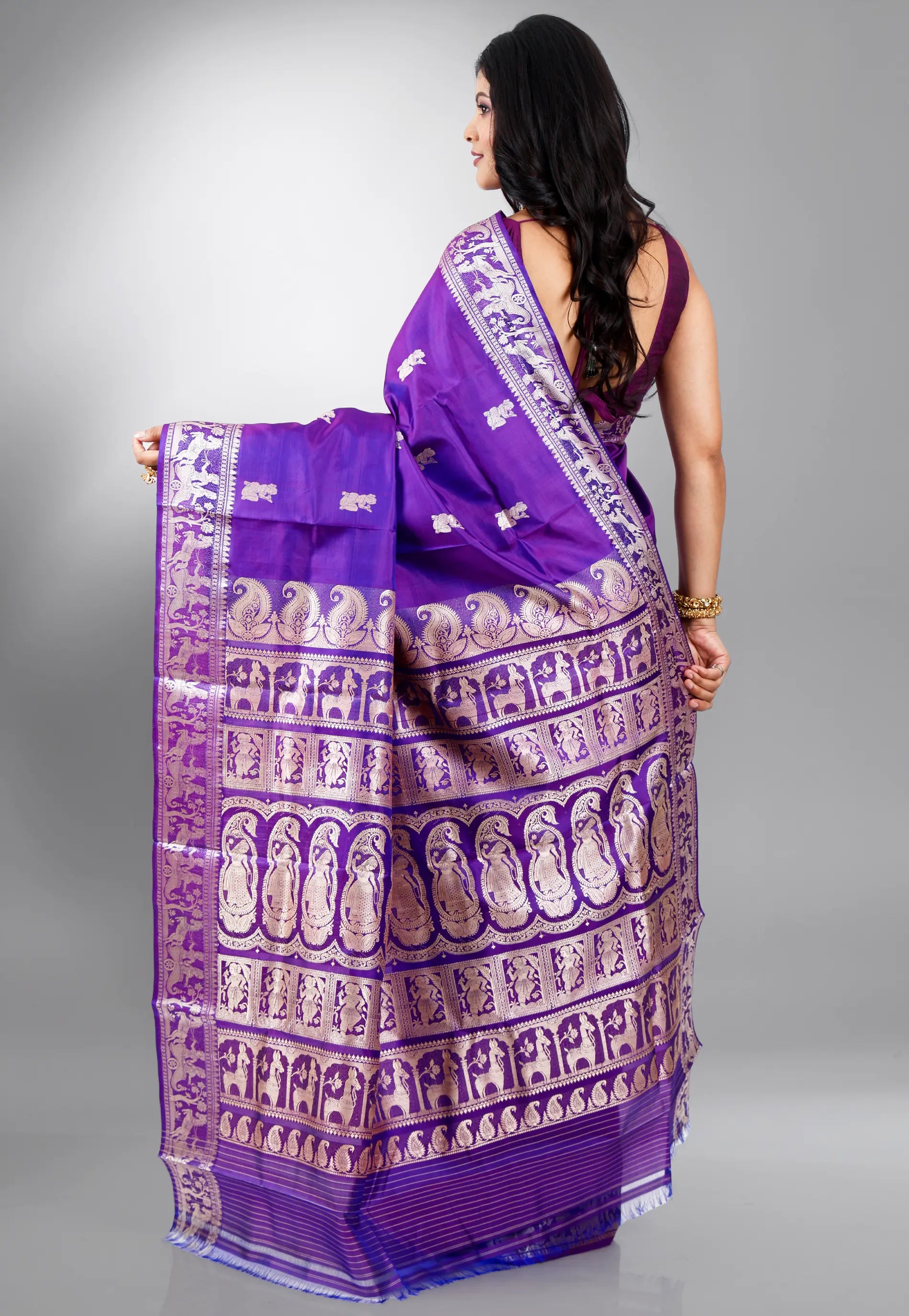 Purple Baluchari Pure Silk Saree with Blouse Piece