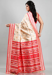 Tussar Colour Silk with Red Border Tussar with Blouse Piece