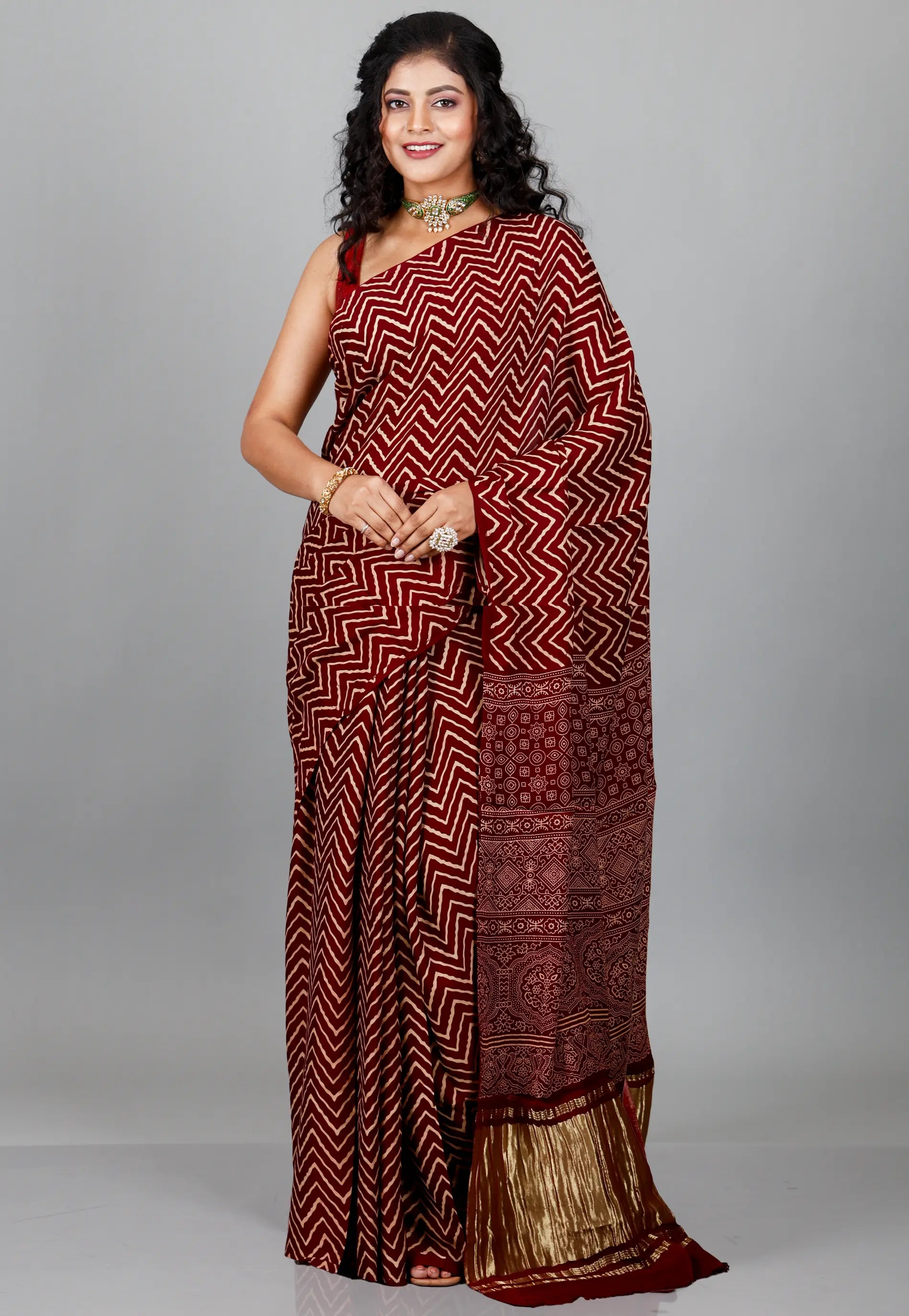 Maroon Ajrakh Print in Modal Silk Saree With Blouse Piece