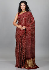 Maroon Ajrakh Print in Modal Silk Saree With Blouse Piece