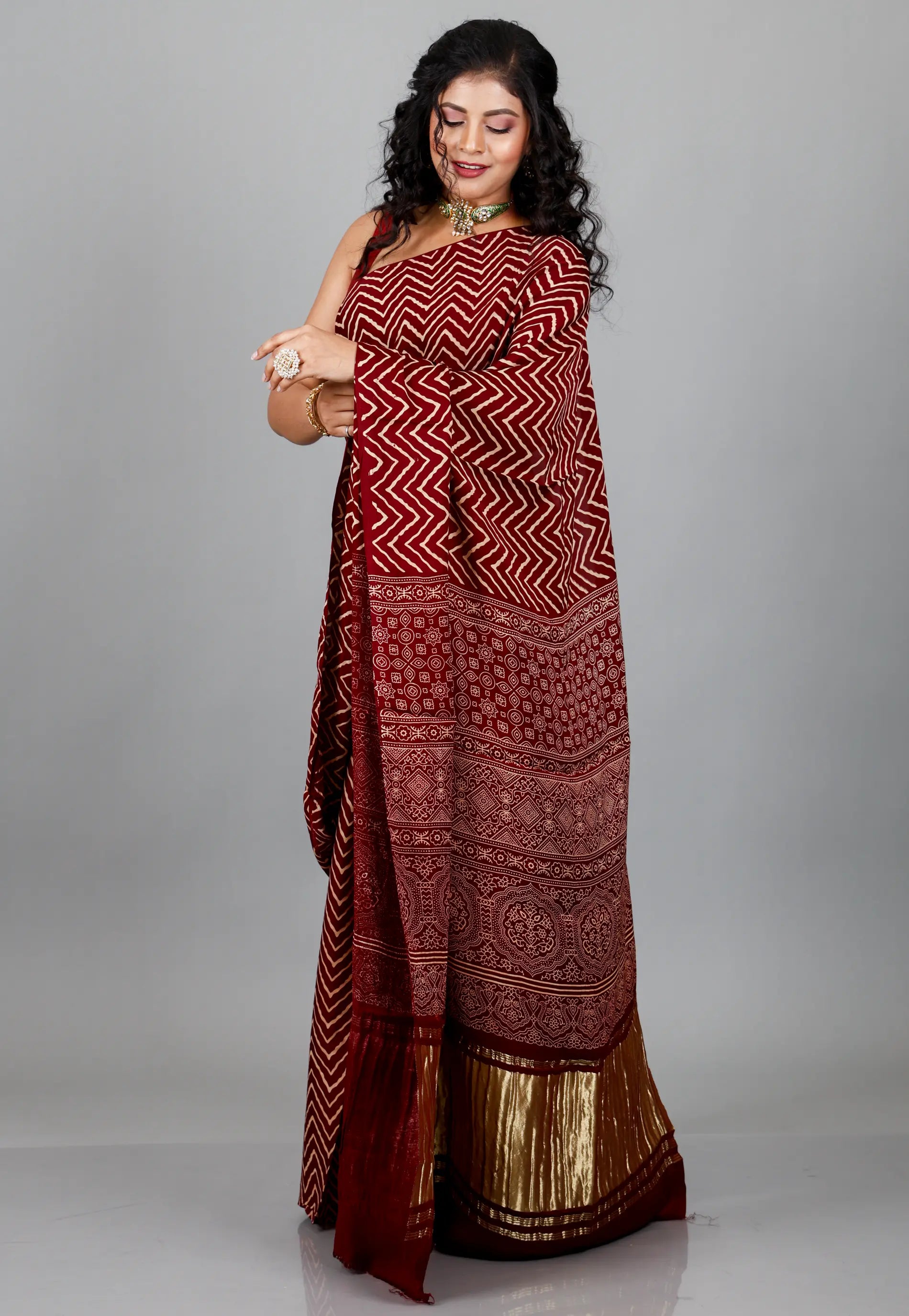 Maroon Ajrakh Print in Modal Silk Saree With Blouse Piece
