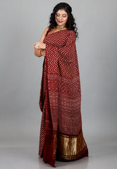Maroon Ajrakh Print in Modal Silk Saree With Blouse Piece