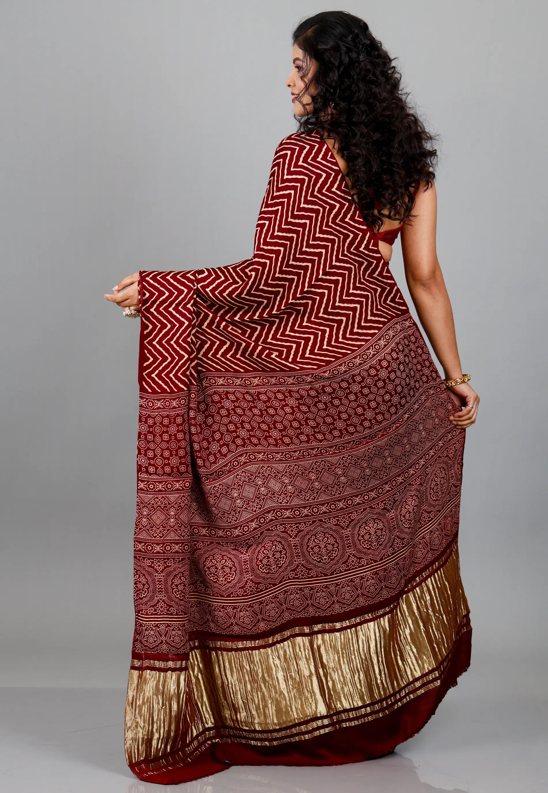 Maroon Ajrakh Print in Modal Silk Saree With Blouse Piece