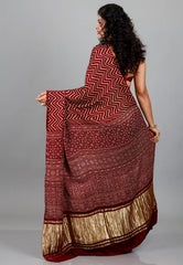 Maroon Ajrakh Print in Modal Silk Saree With Blouse Piece
