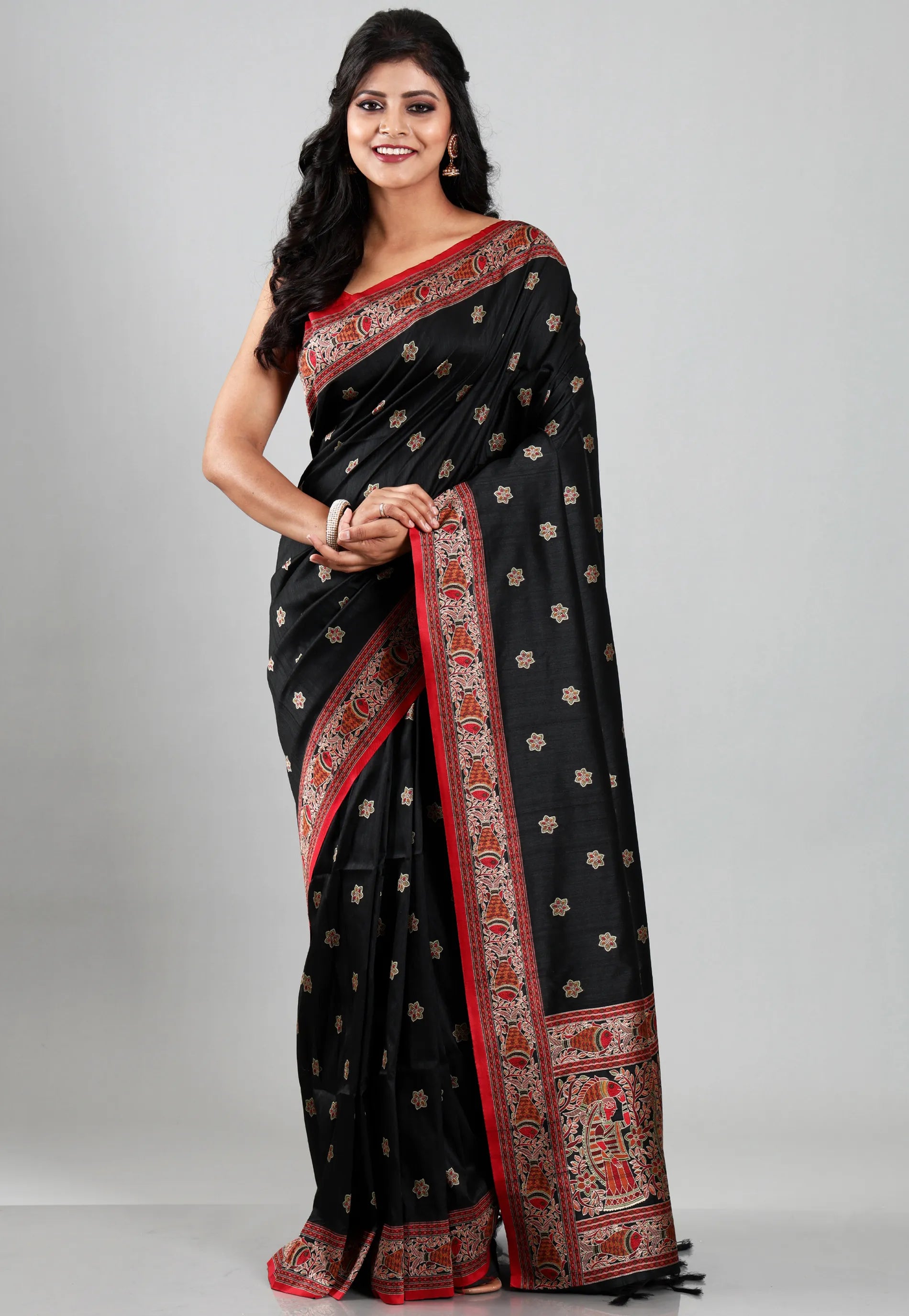 Black Colour with Red Border Tussar Silk with Bloue Piece