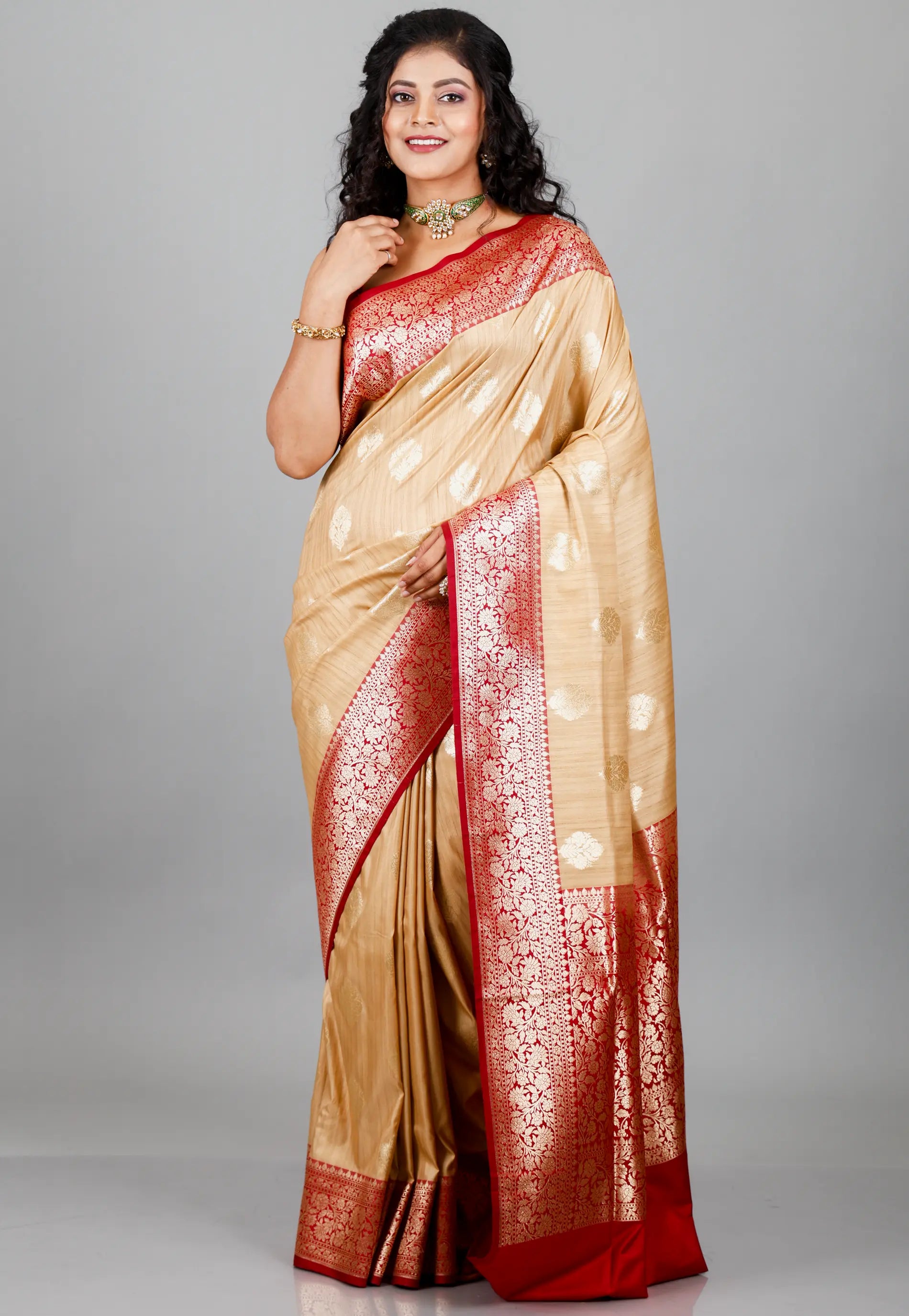Tussar Colour Silk with Red Border Tussar with Blouse Piece