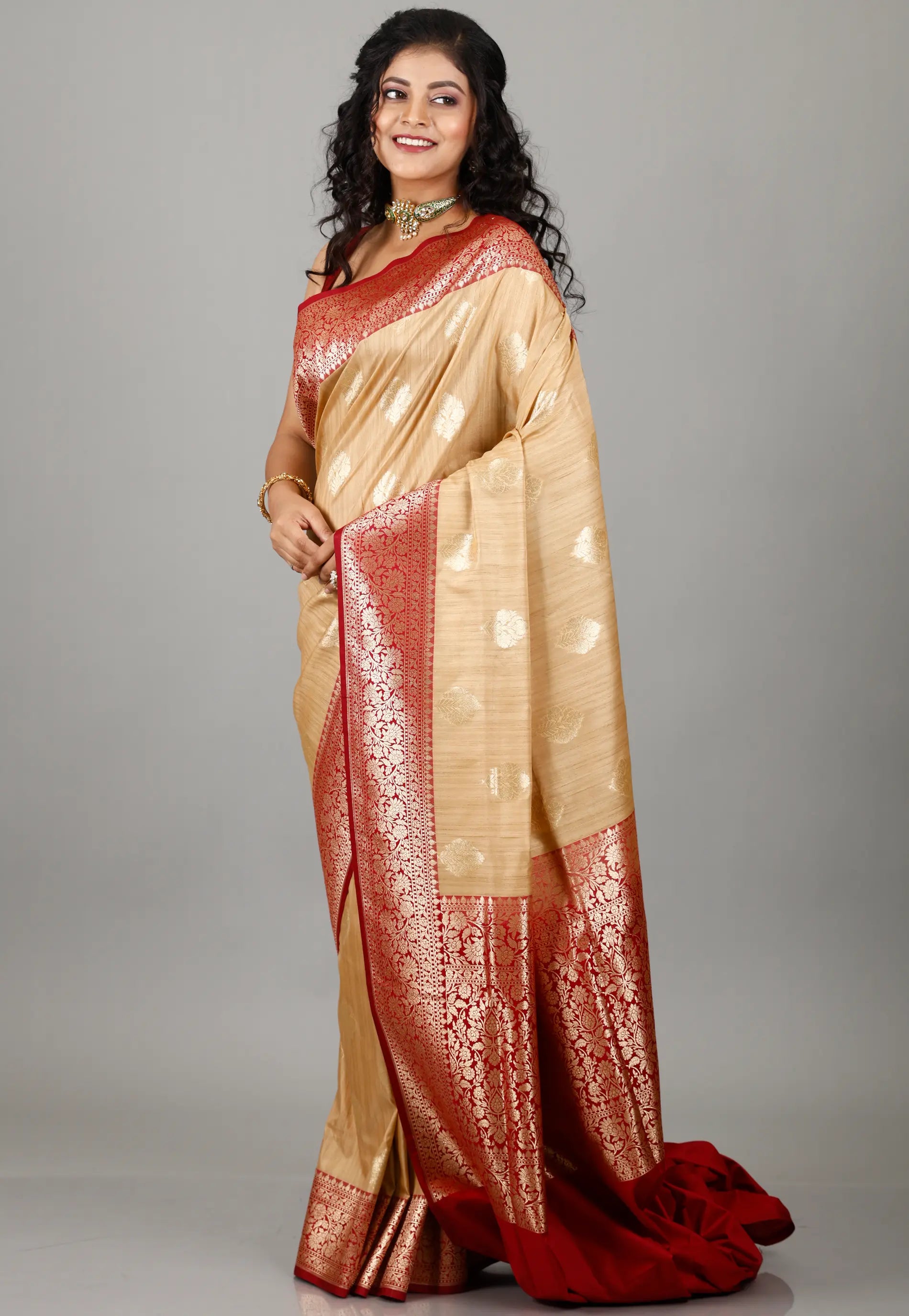 Tussar Colour Silk with Red Border Tussar with Blouse Piece