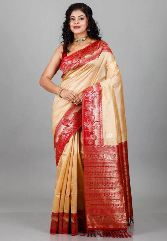 Tussar Colour Silk with Red Border Tussar with Blouse Piece
