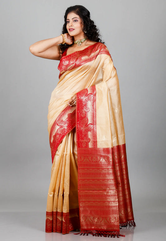 Tussar Colour Silk with Red Border Tussar with Blouse Piece