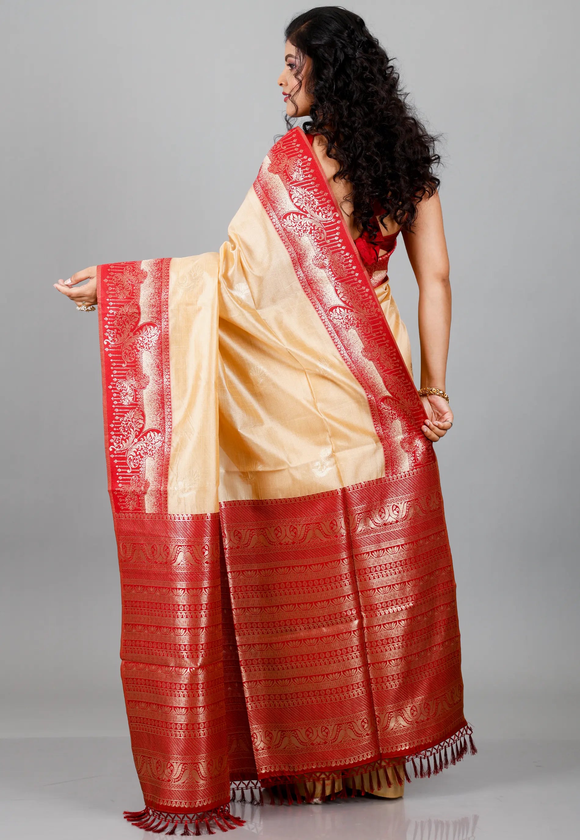Tussar Colour Silk with Red Border Tussar with Blouse Piece