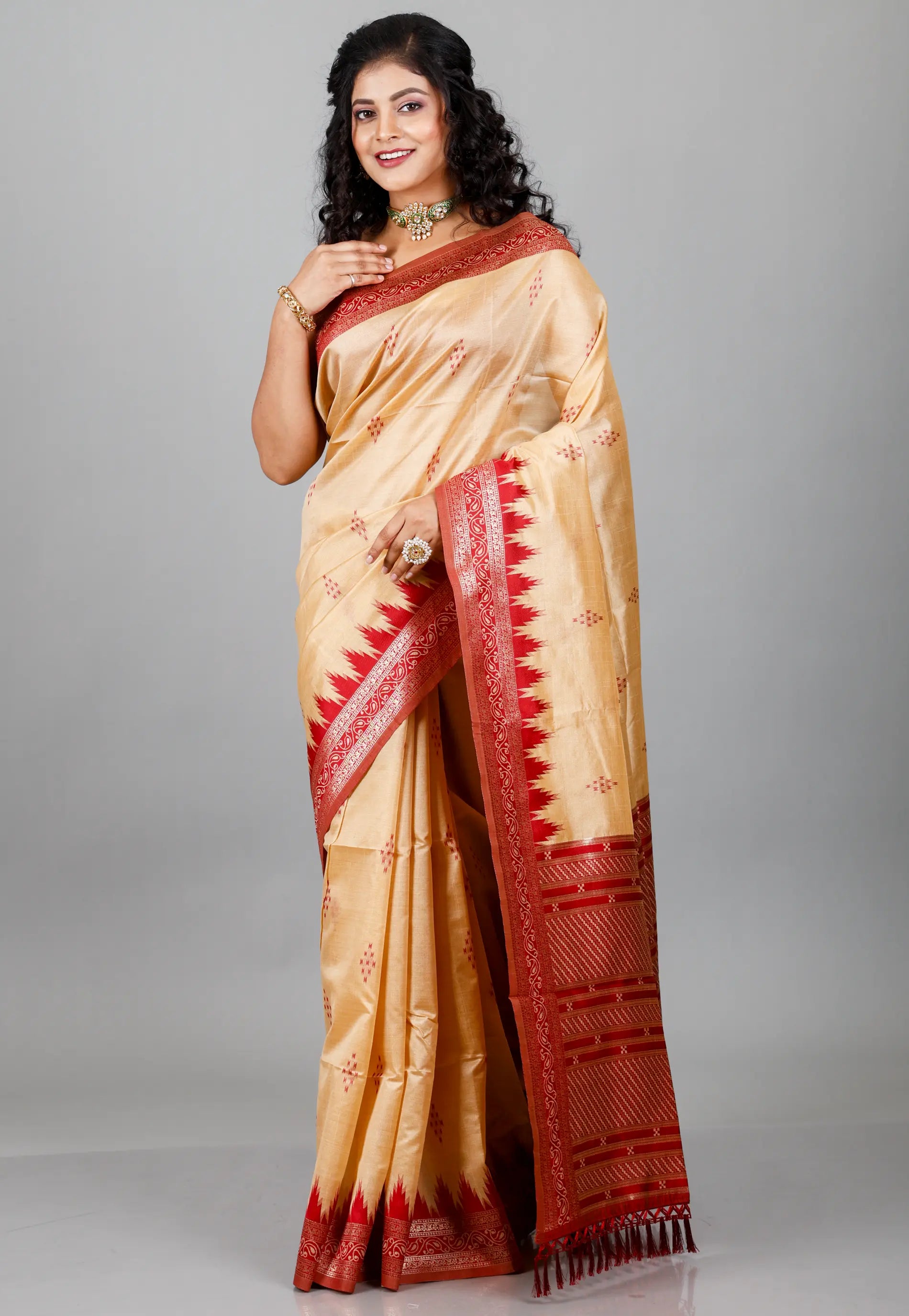 Tussar Colour Silk with Red Border Tussar with Blouse Piece