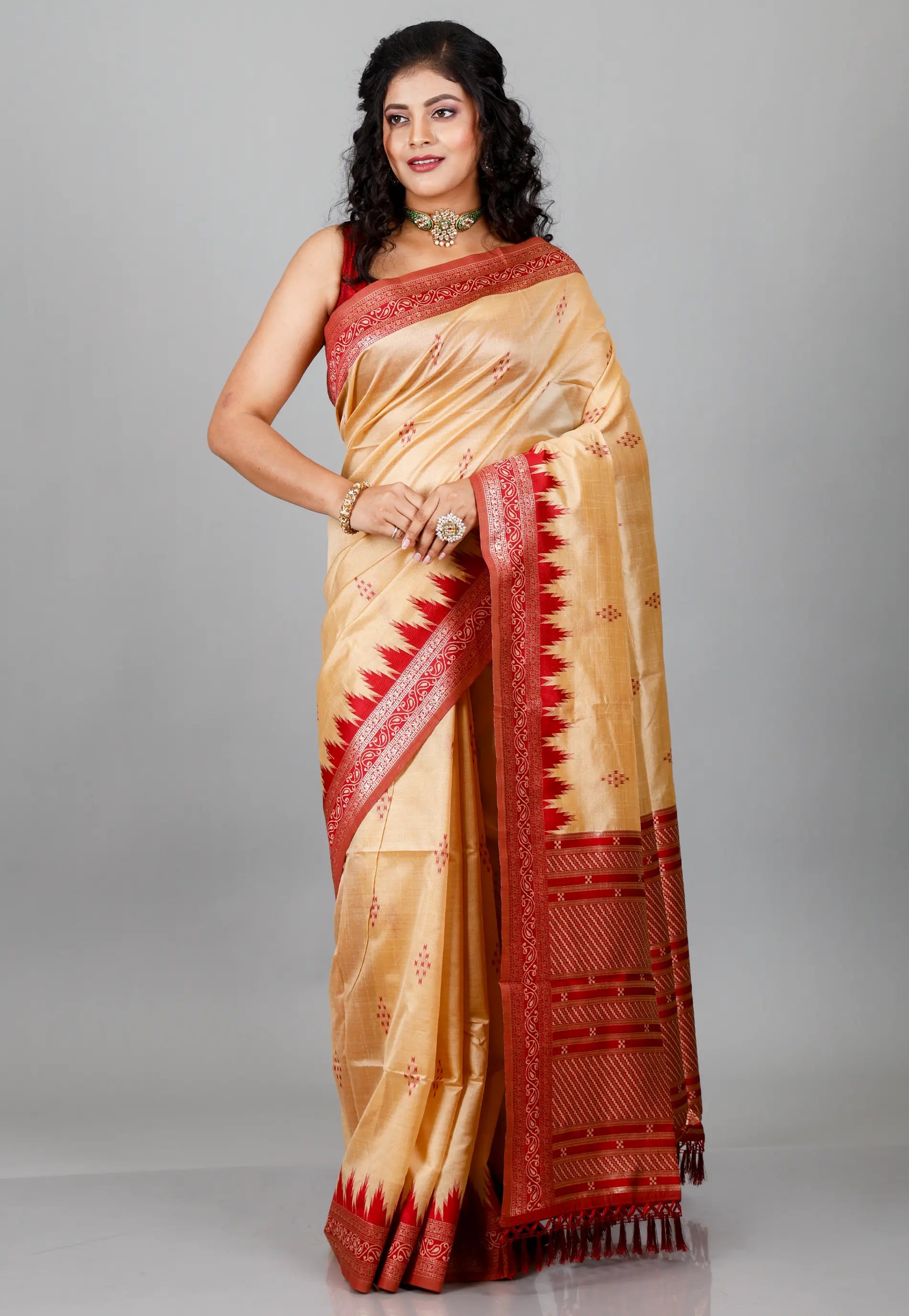 Tussar Colour Silk with Red Border Tussar with Blouse Piece